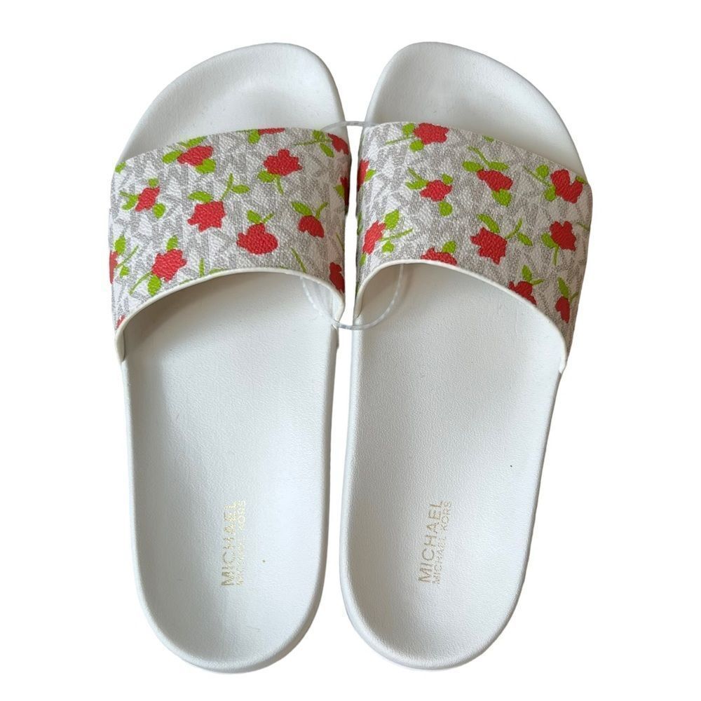 MICHAEL KORS Signature Vanilla Cream Floral Monogram Logo Slip On Slides - Picture 9 of 10